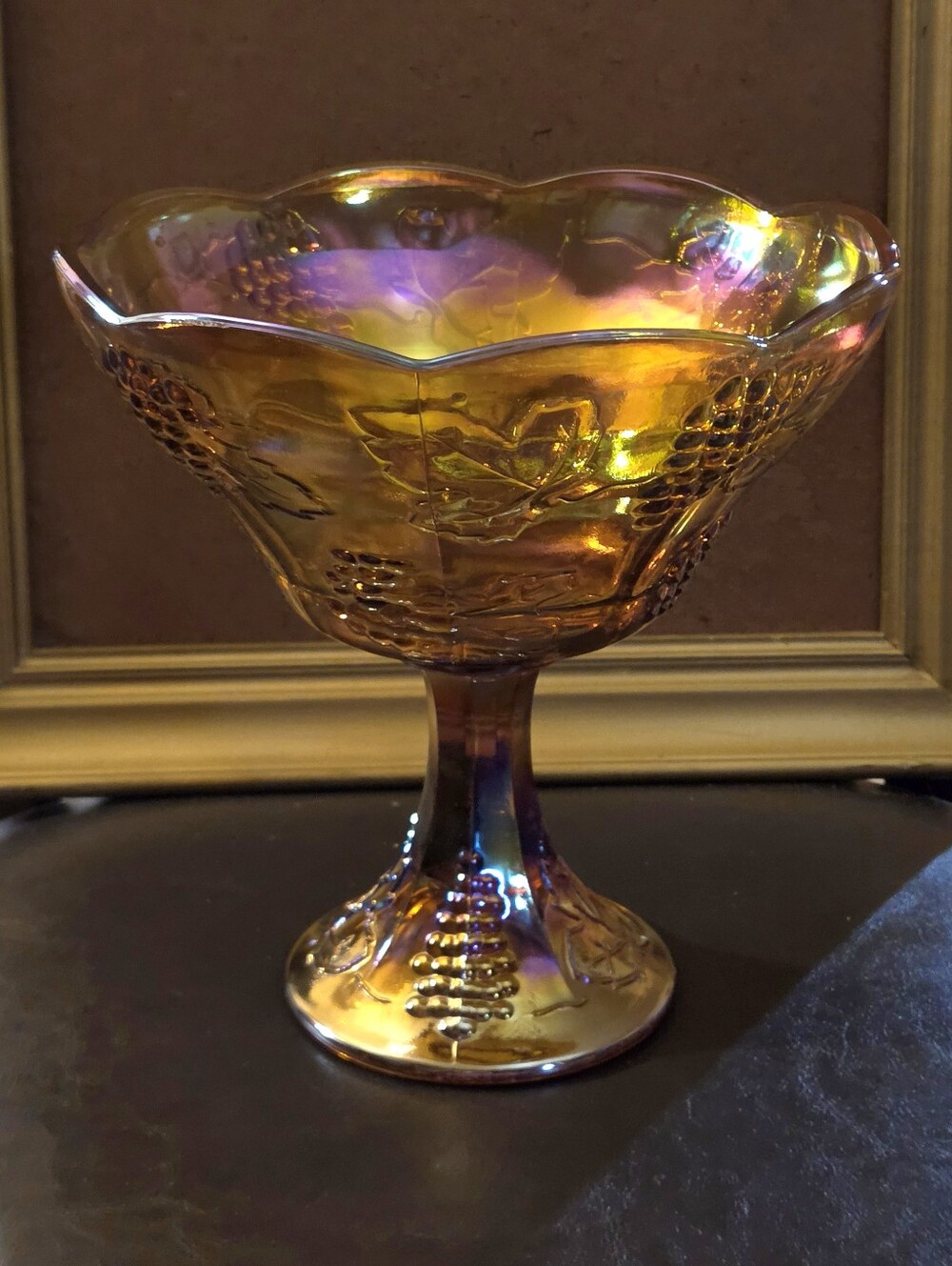 Marigold~Indiana Carnival Glass "Harvest Grape"~Pedestal Compote/Fruit Bowl(B34)